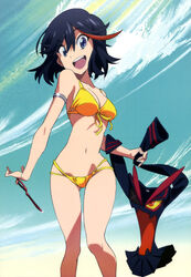  1girls :o absurdres amemiya_akira arm_band arms ass_visible_through_thighs bare_arms bare_legs bare_midriff bare_shoulders belly bikini bikini_top black_hair blue_eyes bra bracelet breasts cleavage clothes clothes_removed clothing edit excited female female_only happy hi_res high_res high_resolution highres holding holding_clothing hourglass_figure kill_la_kill legs life_fiber looking_at_viewer matoi_ryuuko midriff mouth_open multicolored_hair navel open_mouth red_hair senketsu short_hair skinny sky smile solo standing stockings swimsuit teeth thighs thin_waist tongue tongue_in_mouth two_tone_hair wide_hips yellow_bikini yellow_swimsuit 