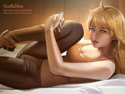  blonde_hair boots breasts cleavage female female_only hoobamon leather_pants on_back on_bed purple_eyes rwby yang_xiao_long 