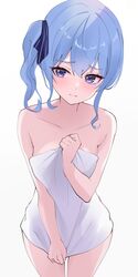  bare_shoulders blue_eyes blue_hair blush closed_mouth collarbone commentary fawny female foreshortening hair_between_eyes highres hololive hoshimachi_suisei looking_at_viewer naked_towel side_ponytail sidelocks simple_background solo towel virtual_youtuber white_background white_towel 