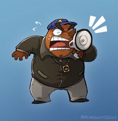  4_fingers angry animal_crossing anthro belly bottomwear brown_body clothing eulipotyphlan fingers hat headgear headwear hi_res humanoid_hands male mammal marimosgoldfish mole_(animal) mr._resetti nintendo open_mouth overweight overweight_male pants simple_background solo 