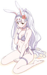  animal_ears azur_lane barefoot between_legs bikini black_bikini breasts brown_eyes choker cleavage feet female groin hairband hand_between_legs hand_on_own_chest highleg highleg_bikini highres legs long_hair looking_at_viewer low-tied_long_hair navel ponytail rabbit_ears rabbit_girl rabbit_tail scrunchie shimakaze_(azur_lane) side-tie_bikini_bottom sitting small_breasts smile soles solo stomach swimsuit tail thigh_strap thighs toes umyonge_(lkakeu) very_long_hair white_hair 