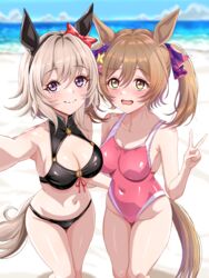  2girls animal_ears bikini breasts brown_hair cleavage closed_mouth collarbone commentary competition_swimsuit covered_navel curren_chan_(umamusume) grey_hair groin hair_ornament highres horse_ears horse_girl horse_tail looking_at_viewer medium_breasts medium_hair multiple_girls ocean one-piece_swimsuit selfie smart_falcon_(umamusume) swimsuit tail tsukiyuki_mike umamusume v 