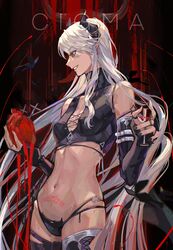  artist_name bare_shoulders black_bra black_collar black_horns black_panties blood bra cigma collar cup dangle_earrings demon_girl detached_sleeves drinking_glass earrings female heart_(organ) highres holding holding_cup holding_heart_(organ) horns jewelry long_hair oerba_yun_fang original panties pointy_ears pubic_tattoo ring smile solo sweat tattoo thighhighs underwear white_hair wine_glass yellow_eyes 