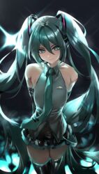  absurdres aqua_eyes aqua_hair aqua_necktie arms_behind_back black_thighhighs commentary dark_background detached_sleeves female hair_between_eyes hatsune_miku headset highres kanniiepan long_hair looking_at_viewer necktie pleated_skirt skirt solo thighhighs twintails very_long_hair vocaloid 