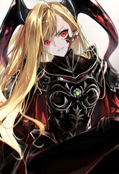  absurdres armor asymmetrical_bangs black_armor black_bodysuit black_gloves blonde_hair bodysuit breastplate breasts facial_mark fate/grand_order fate_(series) female gloves hair_over_one_eye highres horns kino_kokko large_breasts long_hair looking_at_viewer nero_claudius_(fate) pauldrons pointy_ears queen_draco_(fate) queen_draco_(third_ascension)_(fate) red_eyes shoulder_armor sitting smile solo thighs 