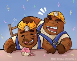  2023 animal_crossing anthro armor bodily_fluids brown_body cake clothing dessert don_resetti duo eulipotyphlan food hard_hat headgear helmet hi_res male mammal marimosgoldfish mole_(animal) mr._resetti nintendo overalls shirt slightly_chubby smile sweat topwear 