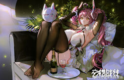  ahoge alcohol arm_behind_head armpits arms_up black_gloves black_thighhighs breasts champagne_bottle copyright_name couch crosscore crossed_ankles cup curtana_(crosscore) cushion dress drinking_glass elbow_gloves female full_body garter_straps gloves hand_in_own_hair hand_on_own_head hands_up headgear heart heart_ahoge knees_up large_breasts light_particles logo long_hair looking_at_viewer no_shoes on_couch pink_hair plant qi_du_tiantian_xiang_xingyun robot short_dress sidelighting sitting sleeveless sleeveless_dress smile solo thighhighs tray twintails very_long_hair weibo_logo weibo_watermark white_dress wine wine_glass yellow_eyes 