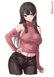  alternate_costume armpits bare_shoulders black_hair black_pants blush breasts commentary cropped_legs ebifurya female hair_ribbon hand_on_own_hip highres isokaze_(kancolle) kantai_collection large_breasts long_hair looking_at_viewer navel one-hour_drawing_challenge pants red_eyes ribbon sidelocks simple_background solo stomach thighs tongue tongue_out tress_ribbon twitter_username white_background 