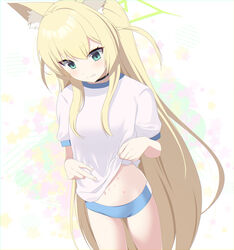  animal_ear_fluff animal_ears black_choker blonde_hair blue_archive blue_buruma blush buruma choker eko feet_out_of_frame female fox_ears green_eyes gym_shirt gym_uniform highres kurumi_(blue_archive) long_hair looking_down shirt sidelocks single_vertical_stripe solo very_long_hair white_shirt 