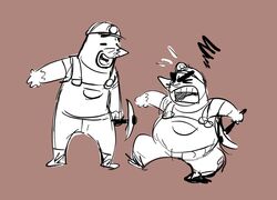  angry animal_crossing anthro armor closed_eyes clothing don_resetti duo eulipotyphlan hard_hat headgear helmet male mammal marimosgoldfish mole_(animal) mr._resetti nintendo open_mouth overalls overweight overweight_male shirt topwear 