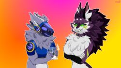  16:9 4k absurd_res anthro choker digital_media_(artwork) duo female hi_res humor jewelry machine male necklace novabeast protogen raeal_the_protogen simple_background tagme widescreen zhadart 