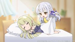  2girls assault_lily bare_shoulders barefoot black_shirt blanket blonde_hair blunt_bangs blunt_ends blurry blurry_background braid breasts chibi cleavage closed_eyes closed_mouth commentary_request flying_sweatdrops frilled_pillow frills grey_hair hair_ribbon hair_spread_out hands_up holding holding_blanket kon_kanaho light_blush long_hair long_sleeves looking_at_another lying miyagawa_takane multiple_girls nightgown off_shoulder official_art on_bed on_side open_clothes open_mouth open_shirt pillow purple_ribbon ribbon shirt side_braid single_bare_shoulder sleeping smile sparkle standing sunlight waking_another wavy_hair yellow_eyes yellow_shirt 