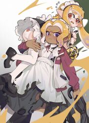  1boy apron ass black_dress blush carrying carrying_over_shoulder carrying_person closed_mouth collared_dress crossdressing dark-skinned_male dark_skin dress ear_blush female flying_sweatdrops frilled_dress frills highres holding holding_umbrella inkling inkling_girl inkling_player_character jacket kneehighs maid maid_apron maid_headdress octoling octoling_boy octoling_player_character open_clothes open_jacket open_mouth orange_hair panties pointy_ears print_panties purple_eyes red_eyes salted_whale serious sidelocks socks splatoon_(series) squid_print tentacle_hair thighhighs torn_clothes torn_dress umbrella underwear white_thighhighs 