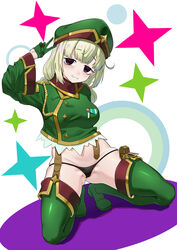  absurdres aiguillette araga_kiwi arm_behind_back ass_visible_through_thighs black_panties blonde_hair boots breasts brown_eyes coat double_bun female full_body garter_straps gloves green_coat green_footwear green_gloves green_hat groin hair_bun half_gloves hat highres kneeling leoparde_(mahou_shoujo_ni_akogarete) long_sleeves looking_at_viewer lowleg lowleg_panties mahou_shoujo_ni_akogarete medal medium_breasts military_coat military_hat mole mole_under_eye no_pants panties parted_lips partially_visible_vulva shuijiaojun skindentation sleeve_cuffs solo spread_legs star_(symbol) stomach thigh_boots thighhighs underwear v_over_head wide_sleeves 