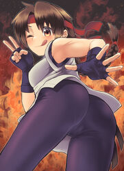  ass bare_arms bare_shoulders belt braid braided_ponytail breasts brown_eyes brown_hair dougi female fingerless_gloves fire from_below gloves headband highres karate_gi long_hair looking_at_viewer m.m martial_arts_belt parted_bangs red_headband ryuuko_no_ken single_braid sleeveless smile snk solo spandex the_king_of_fighters under_shot v yuri_sakazaki 