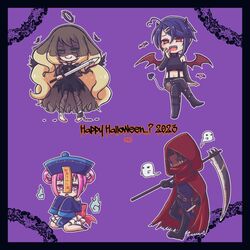  2023 2boys 2girls 793_(oo793oo) alcryst_(fire_emblem) alternate_costume anklet barefoot black_dress black_gloves black_wings blonde_hair blue_headwear brown_hair celine_(fire_emblem) chains chibi choker dark-skinned_male dark_persona dark_skin demon_boy demon_tail dress facial_mark fallen_angel fire_emblem fire_emblem_engage fogado_(fire_emblem) full_body ghost gloves green_eyes hair_between_eyes hair_rings halloween halloween_costume happy_halloween hat heart heart_facial_mark holding holding_scythe holding_sword holding_weapon hortensia_(fire_emblem) jewelry jiangshi long_sleeves looking_at_viewer midriff multiple_boys multiple_girls navel ofuda open_mouth pink_eyes pink_hair purple_background purple_hair qingdai_guanmao red_eyes red_hood red_wings scythe sitting sleeves_past_fingers sleeves_past_wrists sword tail teardrop wariza weapon wings 