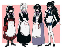  4girls apron black_footwear black_hair black_kimono breasts china_dress chinese_clothes cleavage closed_mouth dress faust_(project_moon) full_body genderswap_(mtf) hair_bun hanbok heterochromia hong_lu_(project_moon) japanese_clothes juliet_sleeves kimono korean_clothes large_breasts limbus_company long_hair long_sleeves looking_at_viewer maid medium_hair miniskirt mixed_maids multiple_girls pmchell_04 project_moon puffy_long_sleeves puffy_sleeves qi_maid red_eyes rule_63 ryoshu_(project_moon) shoes skirt standing very_long_hair wa_maid white_apron white_hair yi_sang_(project_moon) 