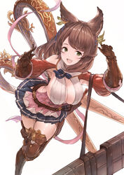  akita_hika animal_ears armored_boots boots breasts brown_hair cleavage clothing_cutout dress female gauntlets granblue_fantasy green_eyes highres holding_case la_coiffe_(granblue_fantasy) large_breasts leaning_forward long_hair long_sleeves looking_at_viewer open_mouth shoulder_cutout simple_background smile solo standing standing_on_one_leg teeth thighhighs upper_teeth_only white_background 