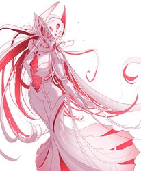  absurdres armored_core armored_core_6 ayre_(armored_core_6) bare_shoulders breasts colored_skin commentary_request dress female highres jojo05_rabbit09 long_hair medium_breasts monochrome personification red_hair simple_background solo very_long_hair white_background white_dress white_hair white_skin 