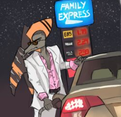  5_fingers anthro bone_frill brown_hair bybuckett car cavemanon_studios cigarette cigarette_in_mouth clothed clothing colored english_text extinct eyewear family_express feathers fingers frill_(anatomy) fuel_dispenser fuel_pump gas_station goodbye_volcano_high grey_body grey_feathers grey_scales hair jacket male membrane_(anatomy) membranous_wings meme motor_vehicle naser_(gvh) object_in_mouth open_clothing open_shirt open_topwear orange_body outside prehistoric_species pterodactylus pterosaur reptile scales scalie shirt sky snoot_game snout solo standing star starry_sky sunglasses text topwear vehicle wings 