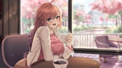  :d ahoge arm_under_breasts benevolent_leanne black_bra blurry blurry_background blush bra bra_visible_through_clothes breast_rest breasts breasts_on_table brown_hair building cafe chair cherry_blossoms cityscape coffee cup day female from_side hand_up highres holding holding_cup indoors jacket large_breasts last_origin leaning_forward leaning_on_object leaning_on_table lens_flare long_hair long_sleeves looking_at_viewer looking_to_the_side multicolored_eyes open_clothes open_jacket open_mouth pink_shirt pinkmarine railing round_table see-through see-through_shirt shirt sitting smile solo steam sunlight swept_bangs table teeth tongue tree underwear upper_body upper_teeth_only white_jacket window wooden_table 