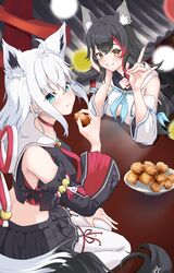  2girls :d :t absurdres ahoge animal_ear_fluff animal_ears aqua_eyes bell black_hair black_serafuku black_skirt black_sleeves blue_neckerchief breast_rest breasts breasts_on_table choker commentary_request cosplay costume_switch cropped_shirt detached_sleeves earrings eating flipped_hair floral_print food fox_ears fox_girl fox_shadow_puppet fox_tail front_slit grin hand_up highres hiragi_moka holding holding_food hololive hood hooded_vest hoodie jewelry jingle_bell kouhaku_nawa light_blush long_hair long_sleeves looking_at_viewer medium_breasts miniskirt multicolored_hair multiple_girls neckerchief ookami_mio ookami_mio_(1st_costume) ookami_mio_(cosplay) red_choker red_hair rope sailor_collar school_uniform serafuku shimenawa shirakami_fubuki shirakami_fubuki_(1st_costume) shirakami_fubuki_(cosplay) shirt sidelocks single_earring sitting skirt sleeveless sleeveless_shirt smile spiked_hair streaked_hair tabi tail thighhighs vest virtual_youtuber white_hair white_sailor_collar white_sleeves white_thighhighs wide_sleeves wolf_ears wolf_girl yellow_eyes 