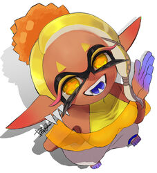  blonde_hair breasts collarbone colored_eyelashes commentary_request dark-skinned_female dark_skin fangs female from_above frye_(splatoon) hand_on_own_hip harem_pants inkling isamu-ki_(yuuki) open_mouth pants pointy_ears shadow shawl short_hair signature simple_background smile solo splatoon_(series) splatoon_3 star-shaped_pupils star_(symbol) symbol-shaped_pupils teeth tentacle_hair thick_eyebrows white_background yellow_eyes yellow_shawl 