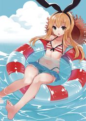  alternate_costume animal_ears bikini black_hat blonde_hair blue_skirt blue_sky breasts cloud comiket_92 female hat innertube kantai_collection long_hair looking_at_viewer microskirt navel ocean open_mouth orqz rabbit_ears shimakaze_(kancolle) skirt sky small_breasts soles solo straw_hat striped_bikini striped_clothes swim_ring swimsuit toes yellow_eyes 