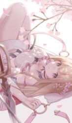  absurdres bare_legs bare_shoulders blonde_hair blurry blurry_foreground braid breasts cherry_blossoms choker cleavage closed_mouth detached_sleeves dionne_(shadowverse) dress falling_petals female flower frilled_choker frilled_dress frills grey_eyes hair_flower hair_ornament half_updo hand_on_own_stomach hand_up highres ichien_ekaki knees_up large_breasts legs_together long_hair looking_at_viewer lying o-ring on_back petals pink_flower pink_petals planted planted_sword red_ribbon ribbon shadowverse short_dress sleeveless sleeveless_dress solo sparkle straight_hair strap_slip sword weapon white_background white_choker white_dress white_flower white_sleeves wide_sleeves 