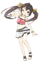  belt black_belt black_hair blush bracelet commentary_request crop_top eyelashes female flat_chest full_body grin hair_between_eyes hair_ribbon hand_up heart heart_necklace highres idolmaster idolmaster_cinderella_girls idolmaster_cinderella_girls_u149 jewelry legs long_hair looking_at_viewer matoba_risa midriff miniskirt navel necklace one_eye_closed pink_shirt ribbon sandals shipu_(toppintetratorten) shirt sidelocks skirt smile solo stomach teeth thighs twintails v white_background white_skirt yellow_eyes yellow_ribbon 