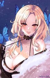  artist_name bare_shoulders black_gloves black_kimono blonde_hair blue_butterfly blue_ribbon blush breasts brown_eyes bug butterfly cleavage coat collarbone female fur-trimmed_coat fur-trimmed_kimono fur_trim gloves goddess_of_victory:_nikke hair_ribbon highres japanese_clothes kimono large_breasts long_hair looking_at_viewer ludmilla_(nikke) ludmilla_(winter_owner)_(nikke) nekoponart official_alternate_costume orange_eyes parted_bangs parted_lips ribbon smile solo two-tone_kimono upper_body white_kimono 