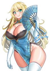  absurdres aqua_dress atago_(kancolle) black_bra blonde_hair bra breasts china_dress chinese_clothes cleavage cleavage_cutout clothing_cutout cowboy_shot dated dress elbow_gloves english_commentary female folding_fan gloves green_eyes hand_fan highres holding holding_fan kantai_collection katou_shinobu lace-trimmed_bra lace_trim large_breasts long_hair one-hour_drawing_challenge simple_background solo thighhighs twitter_username underwear w white_background white_gloves white_thighhighs 