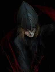  black_background blonde_hair blood broken_mask closed_mouth dark_souls_(series) dark_souls_i evil_smile female green_eyes highres looking_at_viewer lord&#039;s_blade_ciaran mask medium_hair red_background satsu-strive smile solo upper_body 