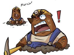  angry animal_crossing anthro armor beverage bodily_fluids brown_body clothing coffee don_resetti duo eulipotyphlan exclamation_point hard_hat headgear helmet mammal marimosgoldfish mole_(animal) mr._resetti nintendo open_mouth overalls shirt sweat text topwear 