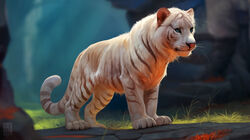  2023 absurd_res ambiguous_gender anchee blue_eyes blurred_background brown_stripes cave cavern detailed_background felid feral fur grass hi_res leaf logo mammal multicolored_body multicolored_fur outside pantherine photorealism pink_nose plant rock side_view solo standing striped_body striped_fur stripes tiger two_tone_body two_tone_fur whiskers white_body white_fur 