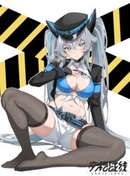  absurdres belt bikini bikini_top_only black_belt black_gloves black_hat black_jacket black_thighhighs blue_bikini blue_eyes blue_hair blush breasts caution_tape clenched_teeth copyright_name cropped_jacket cropped_shirt crosscore feet female fingerless_gloves full_body gloves grey_hair hand_on_own_chest hat headgear highres jacket knee_up large_breasts legs logo long_hair looking_at_viewer machairodus_(crosscore) multicolored_hair navel no_shoes official_alternate_costume on_ground partially_unbuttoned peaked_cap police police_uniform policewoman shirt short_shorts shorts sitting solo steam stomach streaked_hair sweat swimsuit tamago_(eva1314056) teeth thighhighs tied_shirt toes twintails uniform v-shaped_eyebrows very_long_hair white_background white_shirt white_shorts 