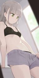  arm_support black_bra black_panties blunt_bangs bra breasts closed_mouth collarbone commentary_request female from_below green_eyes grey_hair grey_shorts highres hiroki_(yyqw7151) indoors navel no_shirt original panties panties_under_shorts panty_peek short_hair shorts small_breasts solo standing thighs underwear window 