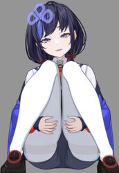  black_hair blue_eyes blue_jacket blue_sailor_collar brown_footwear commentary_request fangs female grabbing_own_thigh grey_shorts hair_ornament highres jacket loafers long_hair long_sleeves looking_at_viewer low_twintails m_legs nijisanji off_shoulder palenitre pantyhose parted_lips ponto_nei sailor_collar shirt shoes short_shorts shorts simple_background sitting solo thighband_pantyhose thighs twintails virtual_youtuber white_pantyhose white_shirt 