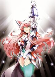  armor breasts cleavage female green_eyes hair_between_eyes hand_up large_breasts long_hair maria_cadenzavna_eve open_mouth pink_hair senki_zesshou_symphogear simple_background solo suga_leon thighhighs 