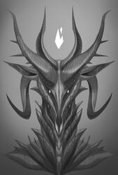  2022 6_horns absurd_res ambiguous_gender anterior_nasal_aperture anthro bust_portrait curled_horn curved_horn demon digital_media_(artwork) digital_painting_(artwork) fire front_view grey_background greyscale hi_res horn monochrome multi_horn neck_spikes portrait possumcrimes prick_ears scales simple_background solo spikes spikes_(anatomy) warhammer_(franchise) 