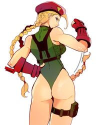  absurdres ahoge ass bare_shoulders beret blonde_hair braid cammy_white commentary female fingerless_gloves floating_hair from_behind frown gauntlets gloves green_leotard hand_on_own_hip hand_up harness hat highleg highleg_leotard highres huge_ahoge isaacchief300 leotard long_hair looking_at_viewer looking_back pouch profile simple_background solo street_fighter thigh_pouch thong_leotard toned twin_braids twintails very_long_hair white_background 