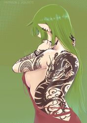  alternate_costume alternate_hairstyle back back_focus back_tattoo backless_dress backless_outfit bare_shoulders breasts commentary dragon_tattoo dress ear_piercing english_commentary eyelashes female fire_emblem fire_emblem_awakening from_behind green_background green_hair highres long_hair medium_breasts nail_polish patreon_username piercing pointy_ears red_dress red_nails sideboob signature simple_background solo tattoo tiki_(adult)_(fire_emblem) tiki_(fire_emblem) vialnite watermark 