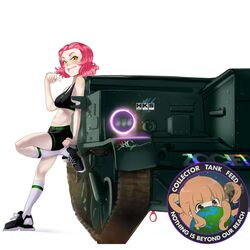  against_vehicle alternate_costume black_footwear black_shorts black_sports_bra commentary emblem english_commentary english_text female from_side girls_und_panzer highres leaning_back leg_up looking_at_viewer medium_hair military_vehicle motor_vehicle navel open_mouth orange_eyes pointing pointing_at_self red_hair rosehip_(girls_und_panzer) shoes short_shorts shorts smile sneakers socks solo sports_bra standing standing_on_one_leg takebe_saori toorops universal_carrier white_background white_socks 