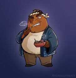  2023 animal_crossing anthro belly bottomwear brown_body clothing eating eulipotyphlan food hi_res male mammal marimosgoldfish mole_(animal) mr._resetti nintendo overweight overweight_male pants shirt simple_background solo topwear 