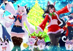  2girls absurdres ahoge alternate_costume animal_ear_fluff animal_ears belt blue_shirt blue_shorts blurry blurry_background blush boots braid christmas christmas_tree commentary_request crop_top earrings fox_ears fox_girl fox_tail fubuzilla_(shirakami_fubuki) fur-trimmed_jacket fur-trimmed_shirt fur-trimmed_shorts fur-trimmed_skirt fur_trim green_eyes hair_between_eyes hatotaurus_(ookami_mio) highres holding_hands hololive jacket jewelry light_particles long_hair looking_at_viewer midriff miofa_(ookami_mio) miteiru_(shirakami_fubuki) multiple_girls navel one_eye_closed ookami_mio open_clothes open_jacket open_mouth outstretched_arms pantyhose red_jacket red_shirt red_skirt satou_kazunori shirakami_fubuki shirt shorts sidelocks single_braid skirt sukonbu_(shirakami_fubuki) tail tail_around_own_leg thigh_boots virtual_youtuber white_hair white_jacket wolf_ears wolf_girl wolf_tail 