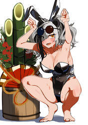  animal_ears arknights armpits arms_up bamboo bare_shoulders black_hair black_leotard blush breasts bucket cleavage collarbone commentary_request ert_raitsui eyewear_on_head fake_animal_ears feater_(arknights) feet female full_body grey_hair hair_over_one_eye highres kadomatsu leotard looking_at_viewer multicolored_hair open_mouth orange_eyes panda_ears panda_girl playboy_bunny rabbit_pose round_eyewear shadow solo spread_legs squatting strapless strapless_leotard striped_hair sunglasses sweat two-tone_hair two_side_up white_background 