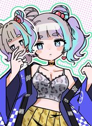  animal_print bare_shoulders black_choker blue_eyes blue_hair blue_shirt blunt_bangs breasts character_mask choker cleavage commentary_request cowboy_shot cropped_shirt denonbu double_bun earrings female grey_hair grey_shirt hair_bobbles hair_bun hair_ornament hands_up happi heart heart_choker heart_earrings highres holding holding_mask japanese_clothes jewelry leopard_print long_hair long_sleeves looking_at_viewer mask medium_breasts midriff pleated_skirt purple_hair shirt shoji_momoko skirt solo standing tsuzutsu twintails wide_sleeves yellow_skirt 