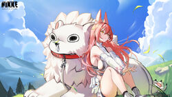  1other @_@ absurdres animal_collar animal_ear_fluff animal_ears armpits bare_shoulders bike_shorts blue_sky blush breasts cloud collar day detached_sleeves female goddess_of_victory:_nikke grass hair_between_eyes hair_intakes highres knees_up large_breasts leona_(nikke) lion long_hair mikan03_26 nervous official_art outdoors pink_hair runny_nose second-party_source shirt sideboob sideless_shirt sidelocks sitting sky snot sunlight tail timi_(nikke) watermark white_shirt yellow_eyes zipper 