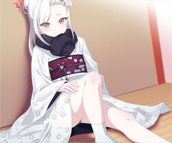  black_scarf blue_archive blurry commentary depth_of_field eko female flower fur_scarf hair_bun hair_flower hair_ornament halo highres indoors japanese_clothes kimono knee_up long_hair long_sleeves looking_at_viewer mutsuki_(blue_archive) mutsuki_(new_year)_(blue_archive) obi obiage official_alternate_costume parted_bangs purple_eyes sash scarf shouji single_hair_bun sitting sliding_doors socks solo tatami white_hair white_socks wide_sleeves 