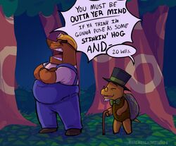  2023 animal_crossing anthro armor bow_tie clothing detailed_background dialogue duo english_text eulipotyphlan hard_hat hat headgear headwear helmet hi_res male mammal marimosgoldfish mole_(animal) mr._resetti nintendo outside overalls overweight overweight_male reptile scalie shirt text topwear tortimer_(animal_crossing) turtle 